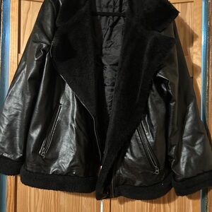 Vera Wang Black Leather Jacket with Faux Fur Trim